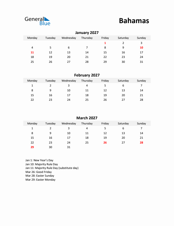 Printable Quarterly Calendar with Notes and Bahamas Holidays- Q1 of 2027