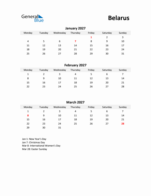 Printable Quarterly Calendar with Notes and Belarus Holidays- Q1 of 2027