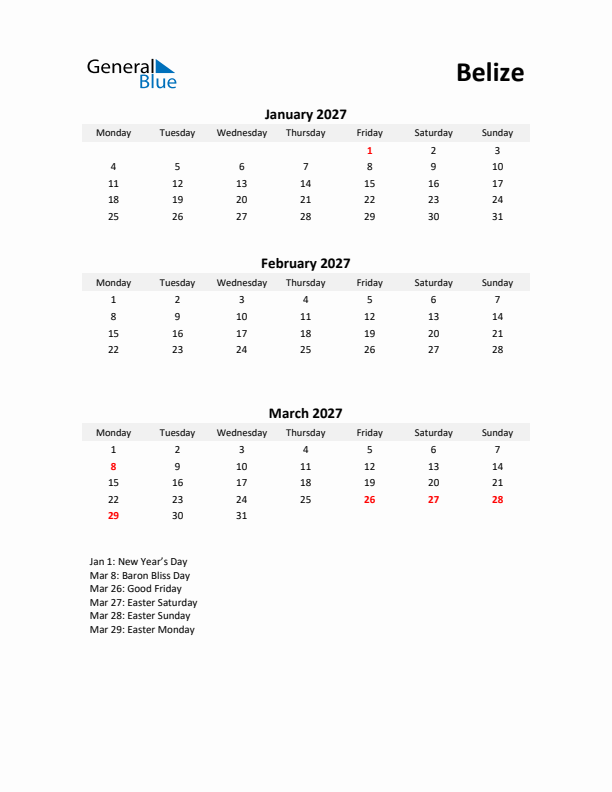 Printable Quarterly Calendar with Notes and Belize Holidays- Q1 of 2027