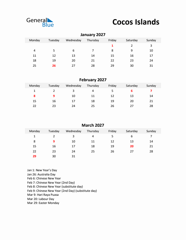 Printable Quarterly Calendar with Notes and Cocos Islands Holidays- Q1 of 2027