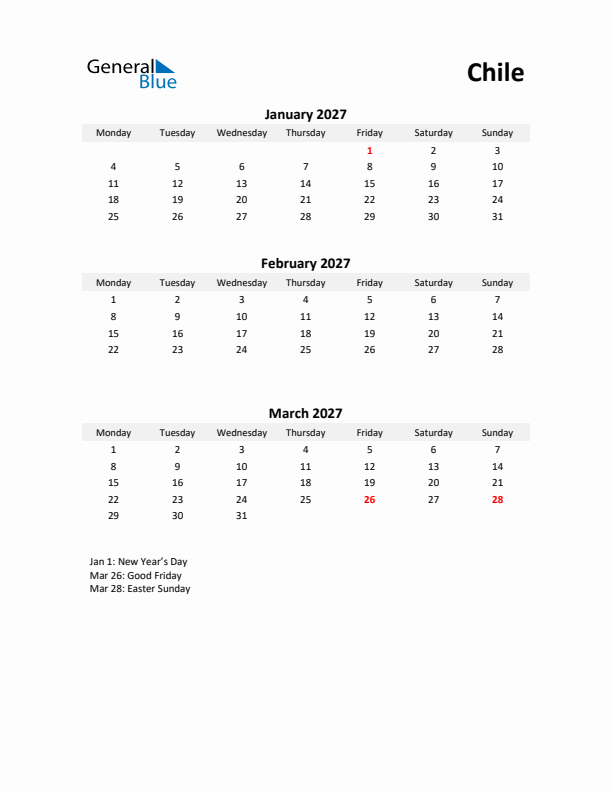 Printable Quarterly Calendar with Notes and Chile Holidays- Q1 of 2027