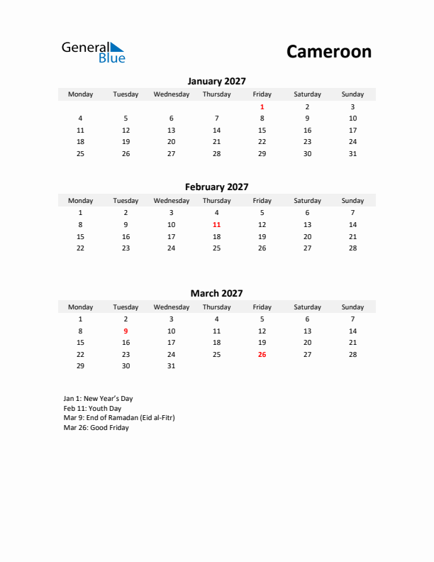 Printable Quarterly Calendar with Notes and Cameroon Holidays- Q1 of 2027