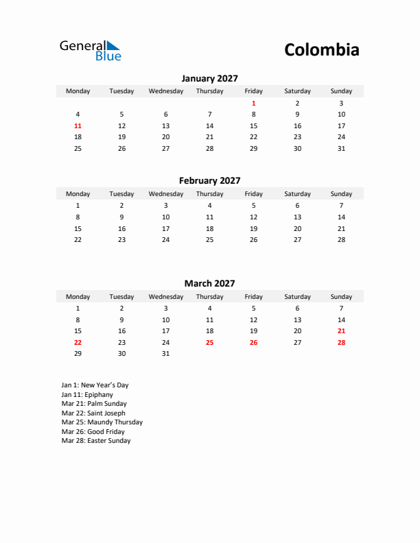 Printable Quarterly Calendar with Notes and Colombia Holidays- Q1 of 2027