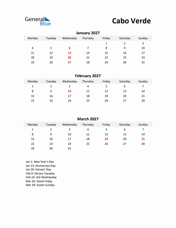 Printable Quarterly Calendar with Notes and Cabo Verde Holidays- Q1 of 2027