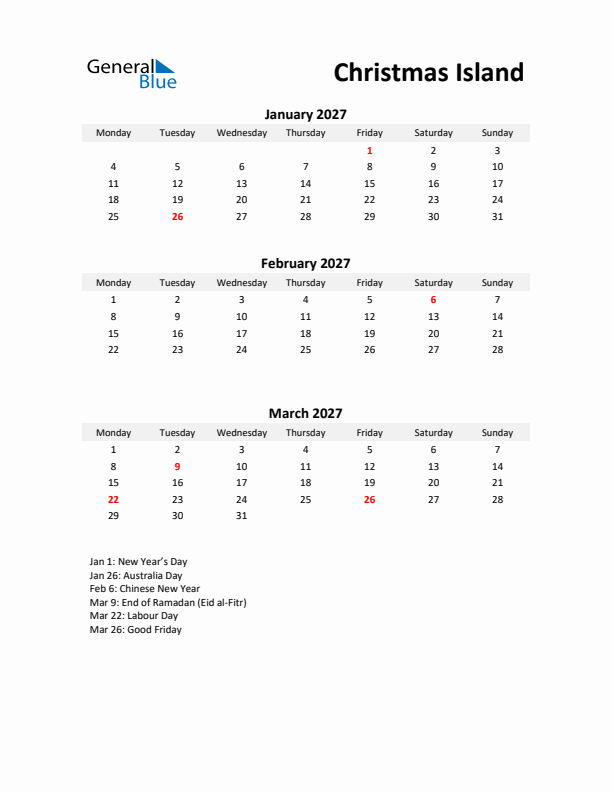 Printable Quarterly Calendar with Notes and Christmas Island Holidays- Q1 of 2027