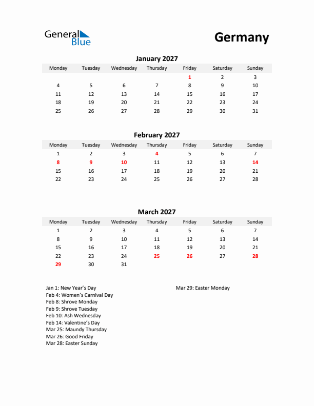 Printable Quarterly Calendar with Notes and Germany Holidays- Q1 of 2027