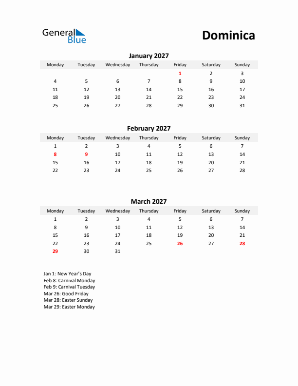 Printable Quarterly Calendar with Notes and Dominica Holidays- Q1 of 2027