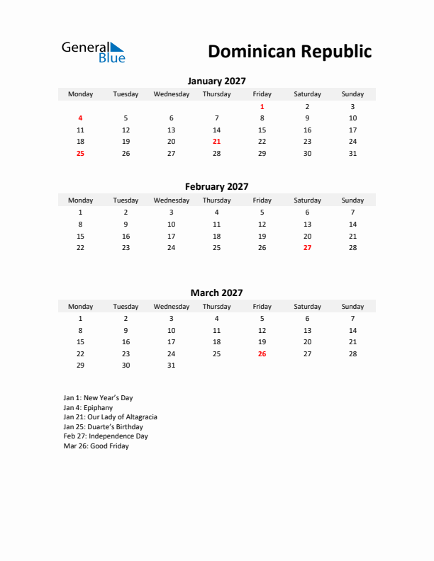 Printable Quarterly Calendar with Notes and Dominican Republic Holidays- Q1 of 2027