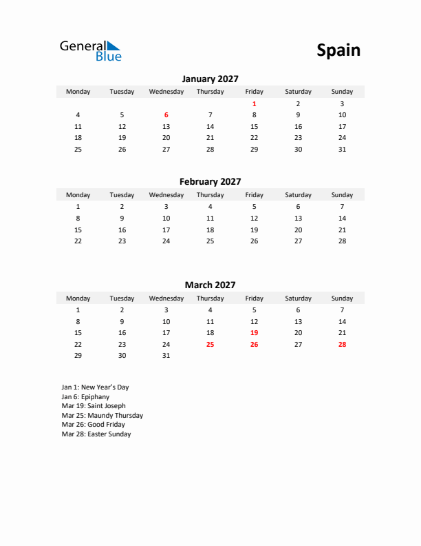 Printable Quarterly Calendar with Notes and Spain Holidays- Q1 of 2027