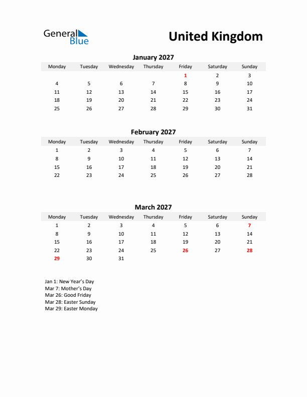 Printable Quarterly Calendar with Notes and United Kingdom Holidays- Q1 of 2027