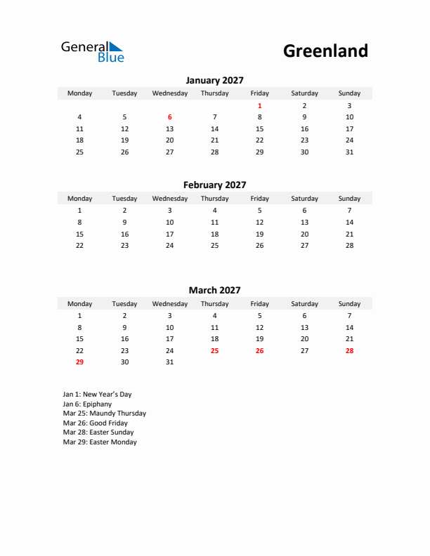 Printable Quarterly Calendar with Notes and Greenland Holidays- Q1 of 2027