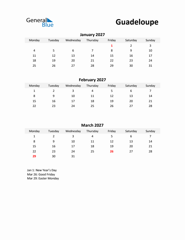 Printable Quarterly Calendar with Notes and Guadeloupe Holidays- Q1 of 2027