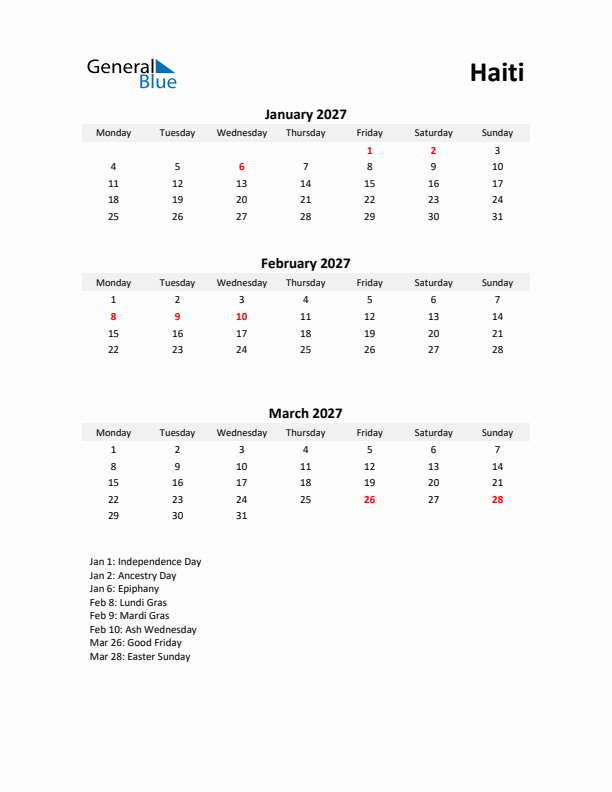 Printable Quarterly Calendar with Notes and Haiti Holidays- Q1 of 2027