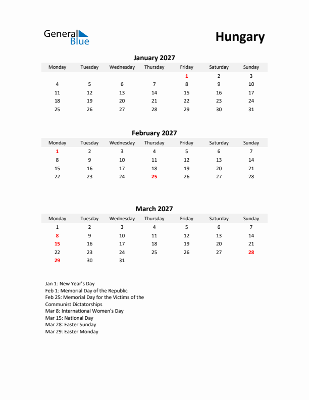 Printable Quarterly Calendar with Notes and Hungary Holidays- Q1 of 2027