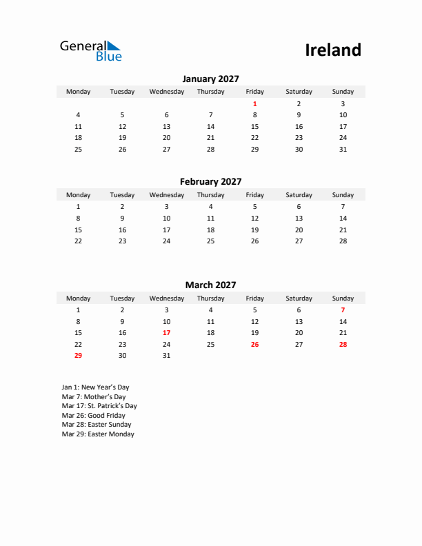 Printable Quarterly Calendar with Notes and Ireland Holidays- Q1 of 2027