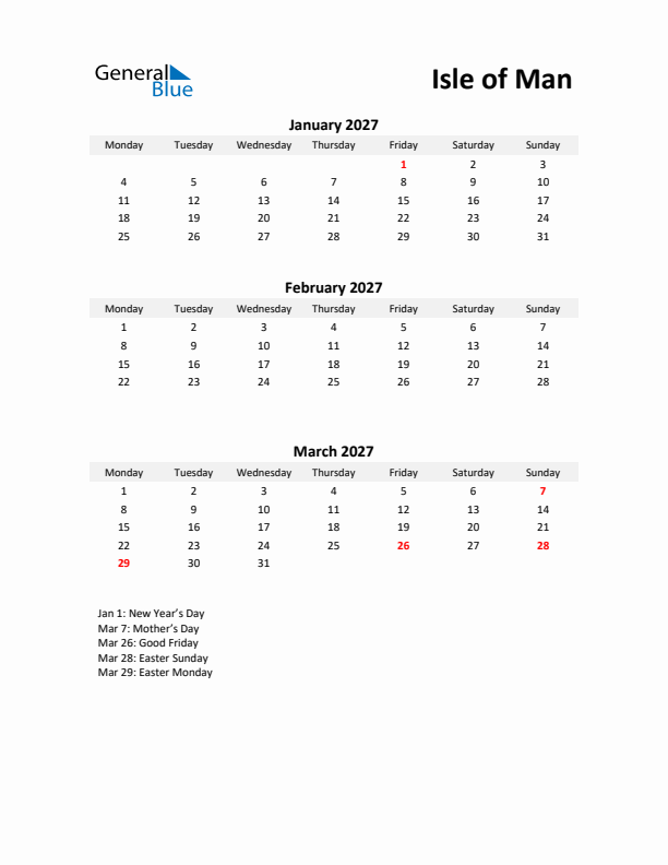 Printable Quarterly Calendar with Notes and Isle of Man Holidays- Q1 of 2027