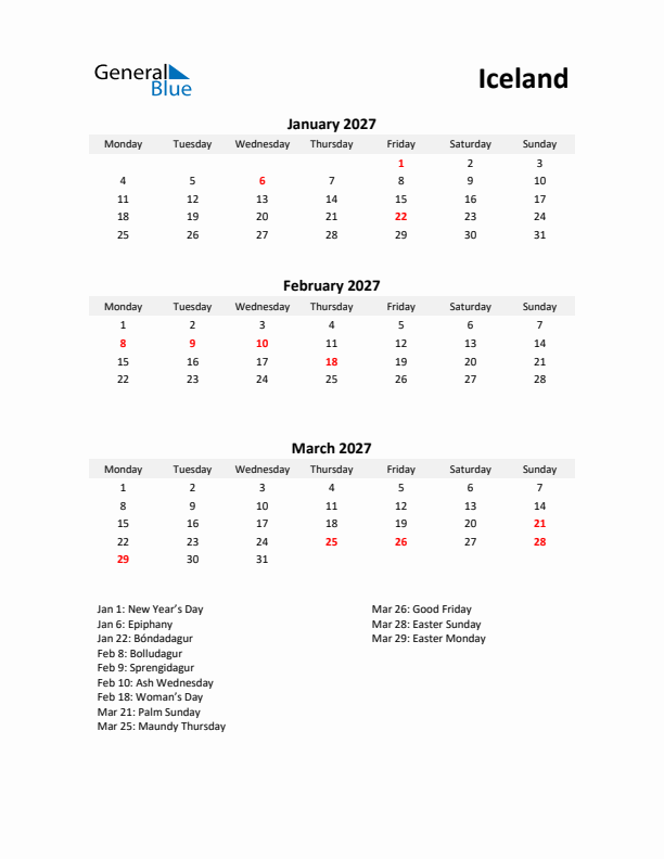 Printable Quarterly Calendar with Notes and Iceland Holidays- Q1 of 2027