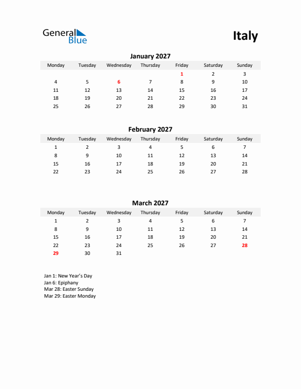 Printable Quarterly Calendar with Notes and Italy Holidays- Q1 of 2027