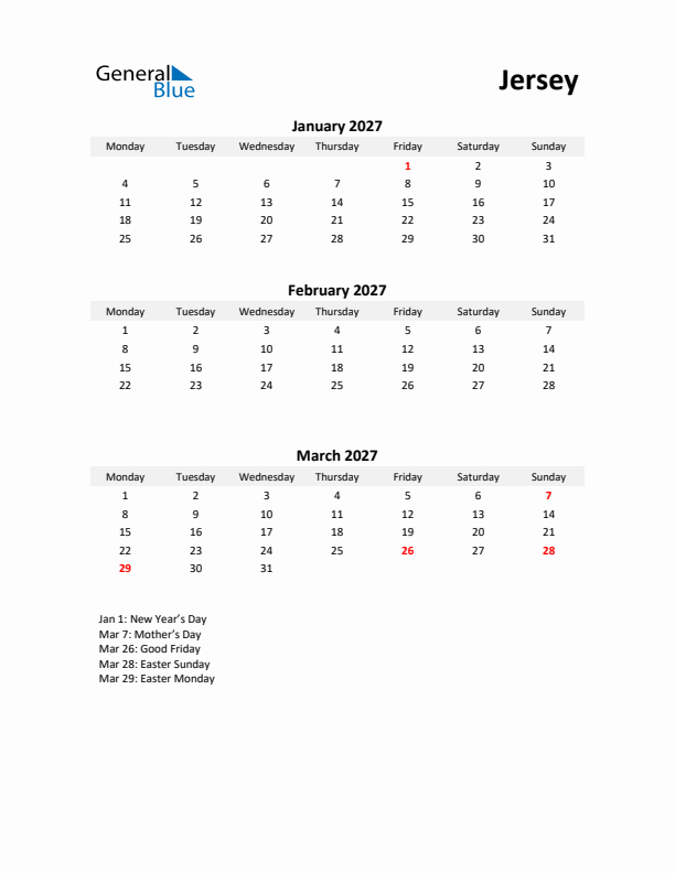 Printable Quarterly Calendar with Notes and Jersey Holidays- Q1 of 2027