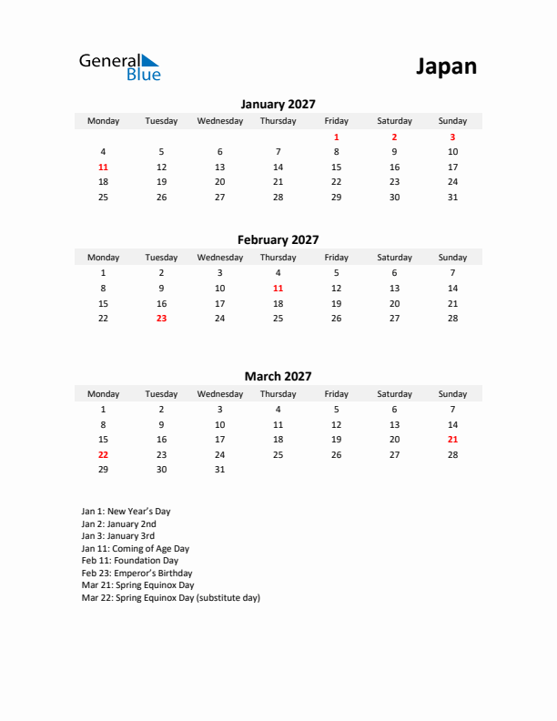 Printable Quarterly Calendar with Notes and Japan Holidays- Q1 of 2027