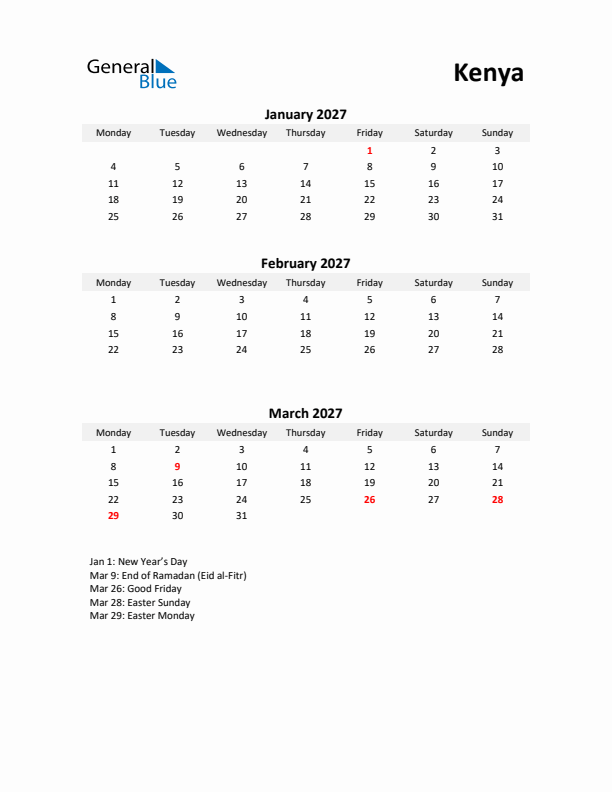 Printable Quarterly Calendar with Notes and Kenya Holidays- Q1 of 2027