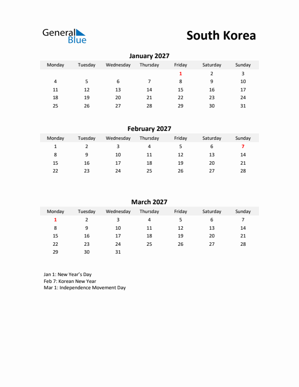 Printable Quarterly Calendar with Notes and South Korea Holidays- Q1 of 2027