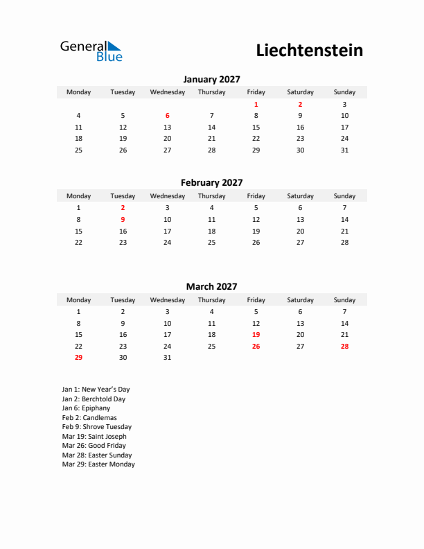 Printable Quarterly Calendar with Notes and Liechtenstein Holidays- Q1 of 2027