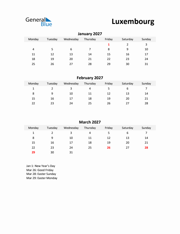 Printable Quarterly Calendar with Notes and Luxembourg Holidays- Q1 of 2027