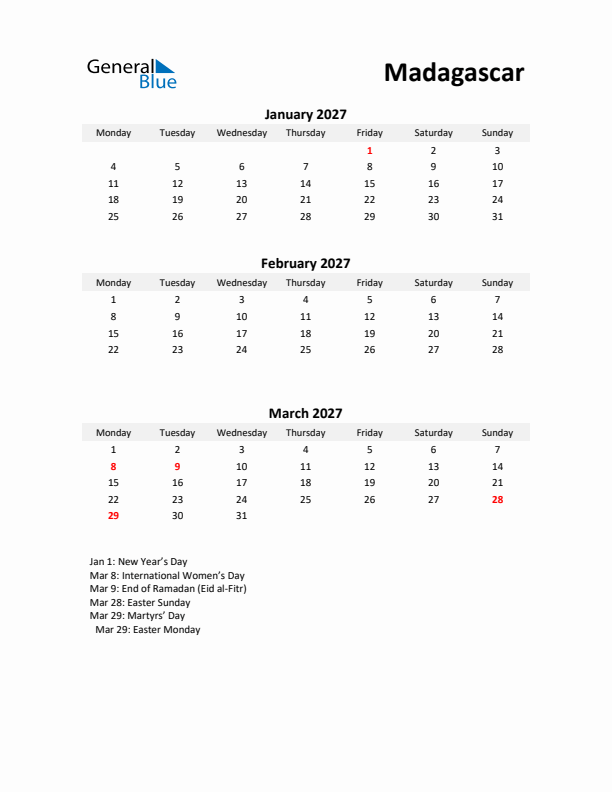 Printable Quarterly Calendar with Notes and Madagascar Holidays- Q1 of 2027