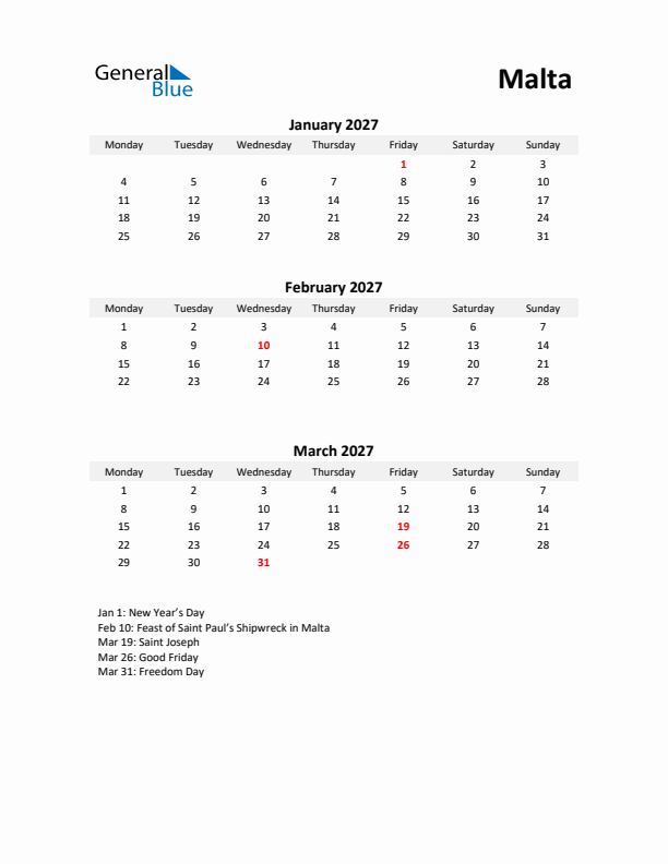 Printable Quarterly Calendar with Notes and Malta Holidays- Q1 of 2027