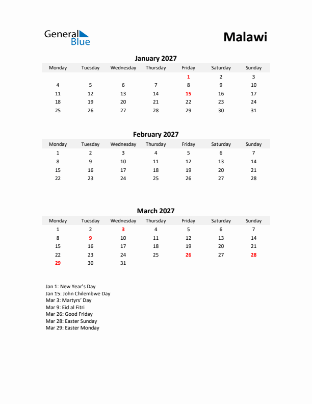 Printable Quarterly Calendar with Notes and Malawi Holidays- Q1 of 2027