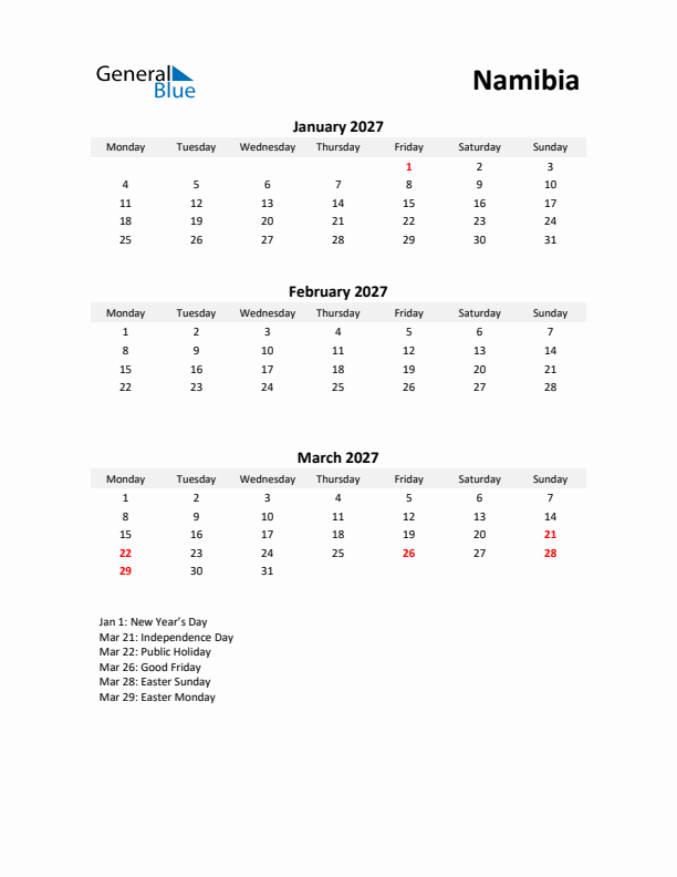 Printable Quarterly Calendar with Notes and Namibia Holidays- Q1 of 2027