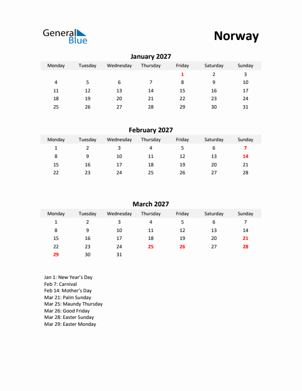 Printable Quarterly Calendar with Notes and Norway Holidays- Q1 of 2027