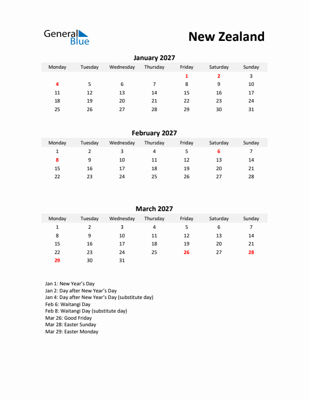 Printable Quarterly Calendar with Notes and New Zealand Holidays- Q1 of 2027