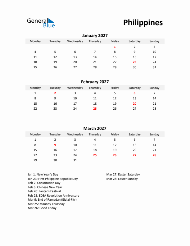 Printable Quarterly Calendar with Notes and Philippines Holidays- Q1 of 2027