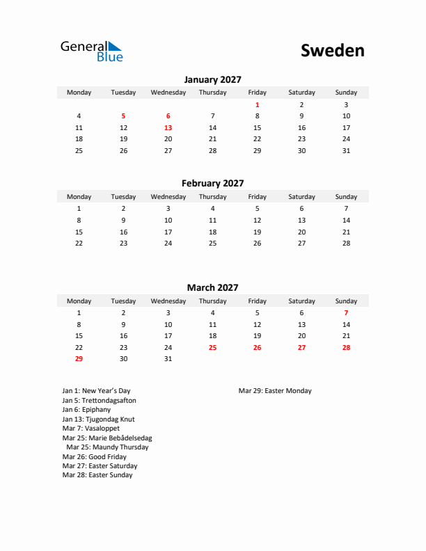 Printable Quarterly Calendar with Notes and Sweden Holidays- Q1 of 2027