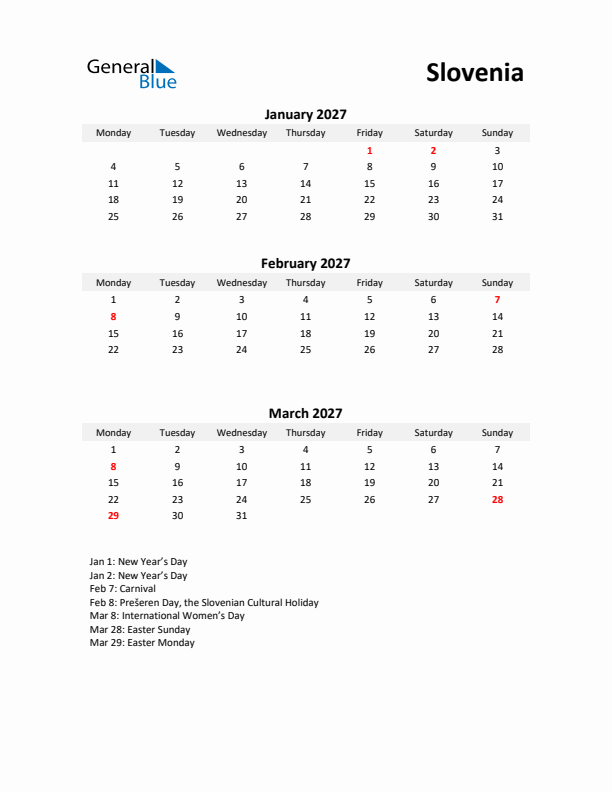 Printable Quarterly Calendar with Notes and Slovenia Holidays- Q1 of 2027