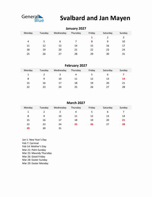 Printable Quarterly Calendar with Notes and Svalbard and Jan Mayen Holidays- Q1 of 2027