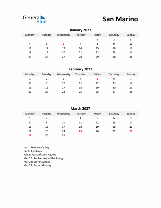 Printable Quarterly Calendar with Notes and San Marino Holidays- Q1 of 2027