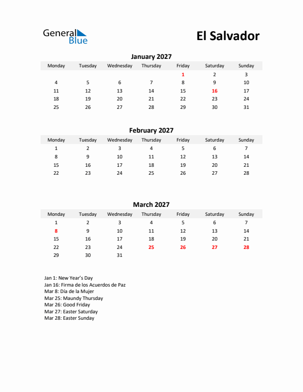 Printable Quarterly Calendar with Notes and El Salvador Holidays- Q1 of 2027