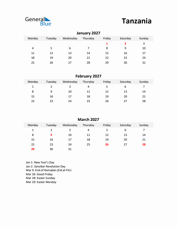 Printable Quarterly Calendar with Notes and Tanzania Holidays- Q1 of 2027