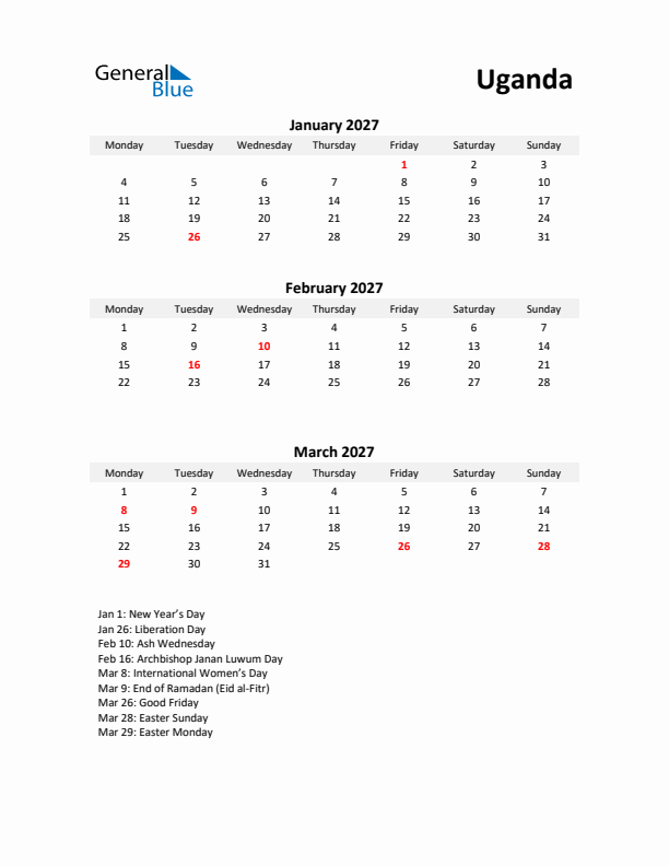 Printable Quarterly Calendar with Notes and Uganda Holidays- Q1 of 2027