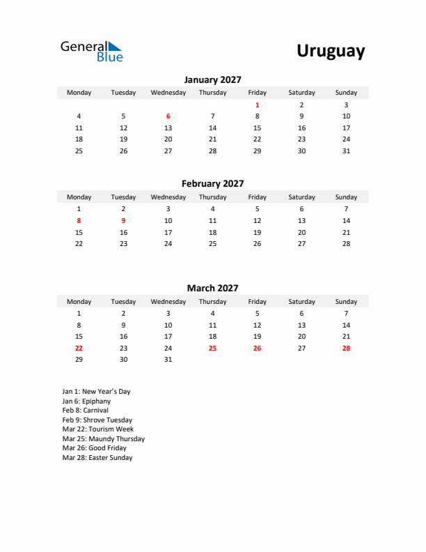 Printable Quarterly Calendar with Notes and Uruguay Holidays- Q1 of 2027