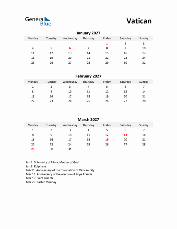 Printable Quarterly Calendar with Notes and Vatican Holidays- Q1 of 2027