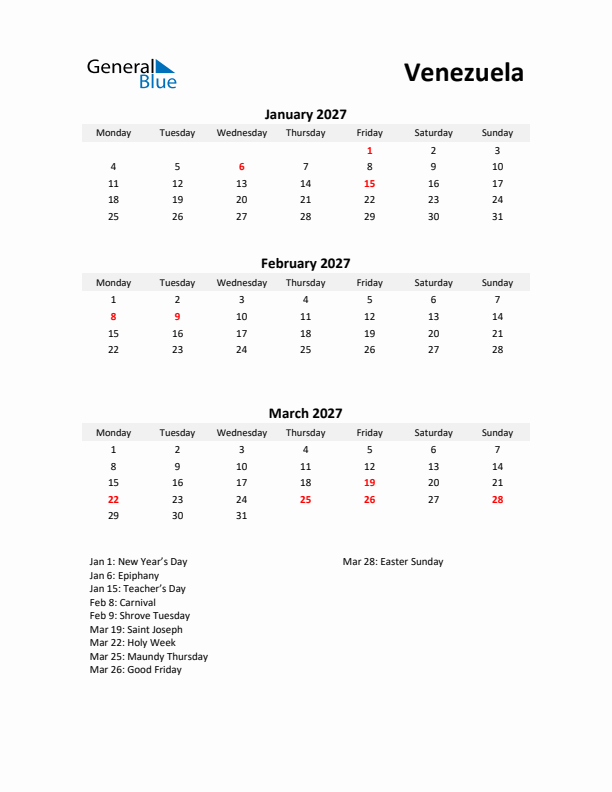 Printable Quarterly Calendar with Notes and Venezuela Holidays- Q1 of 2027