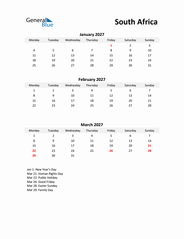 Printable Quarterly Calendar with Notes and South Africa Holidays- Q1 of 2027