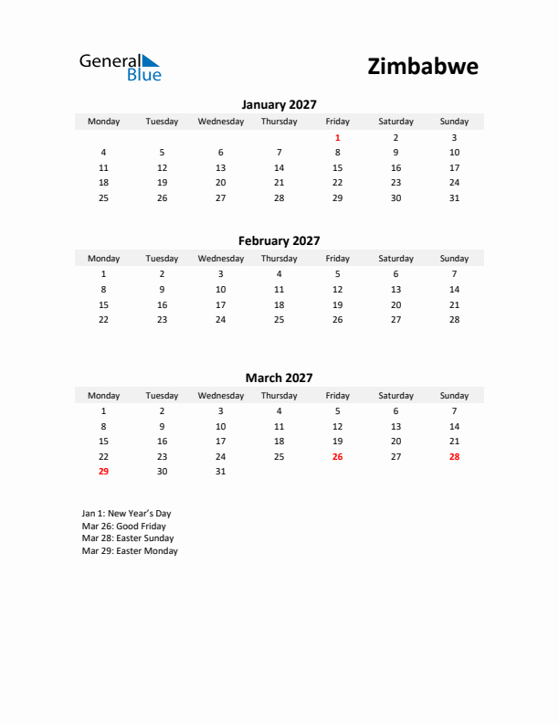 Printable Quarterly Calendar with Notes and Zimbabwe Holidays- Q1 of 2027