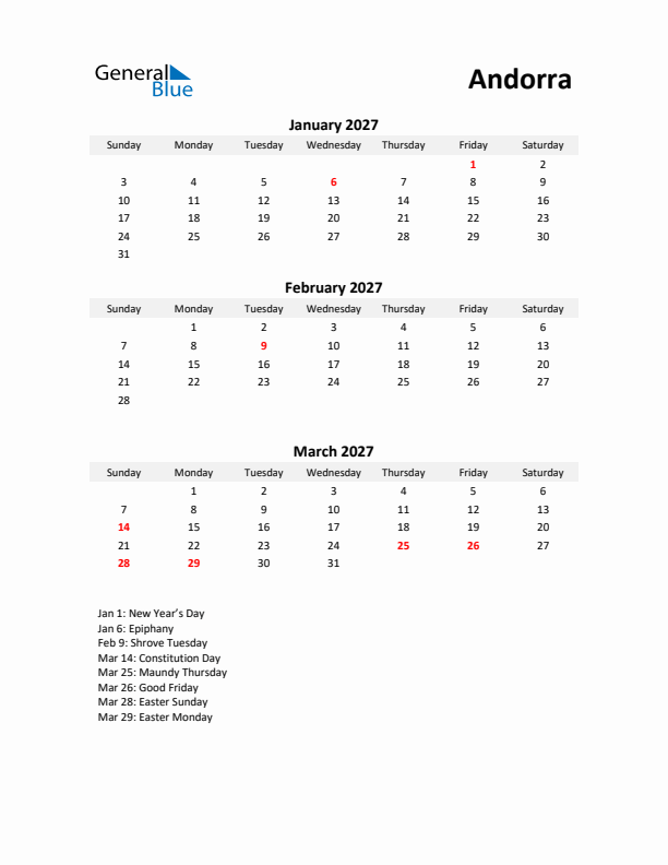 Printable Quarterly Calendar with Notes and Andorra Holidays- Q1 of 2027