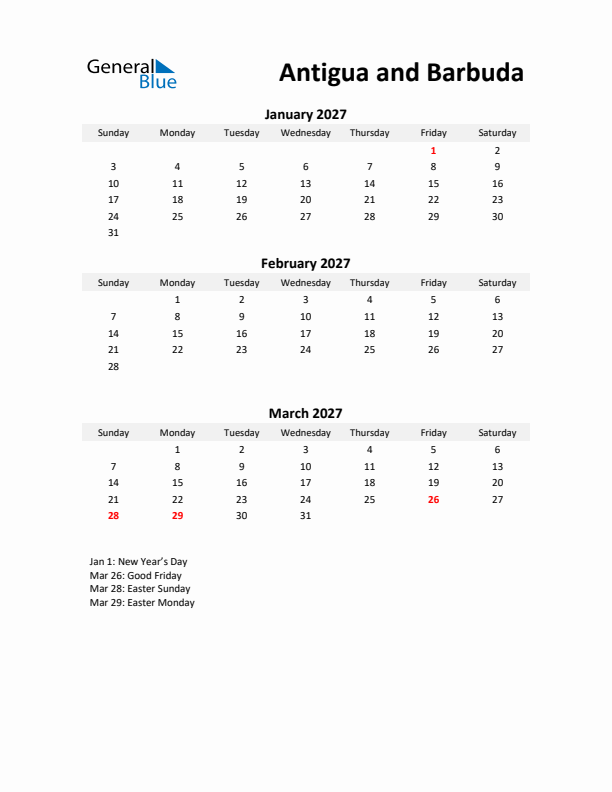 Printable Quarterly Calendar with Notes and Antigua and Barbuda Holidays- Q1 of 2027