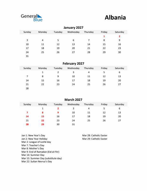 Printable Quarterly Calendar with Notes and Albania Holidays- Q1 of 2027